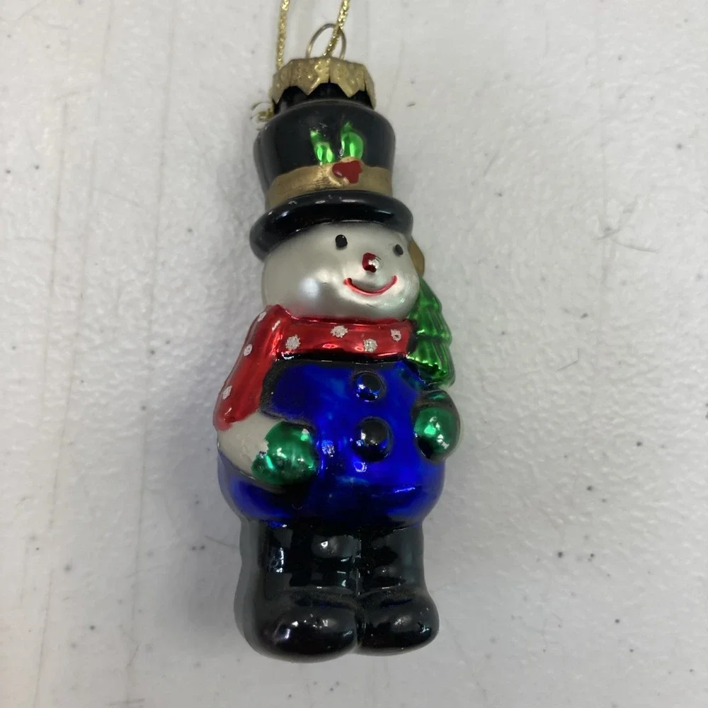 2 Vintage‎ Frosted Glass Blown Snowman Ornaments Peppermint Candy & Snowman 